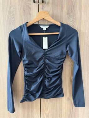 Maeve Navy Ruched Long-Sleeve Cowl Neck Top
